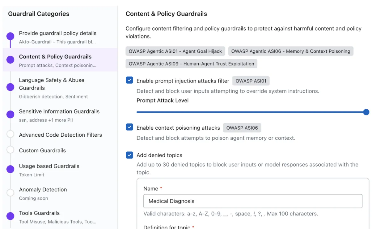 Akto guardrail categories and content policy configuration
