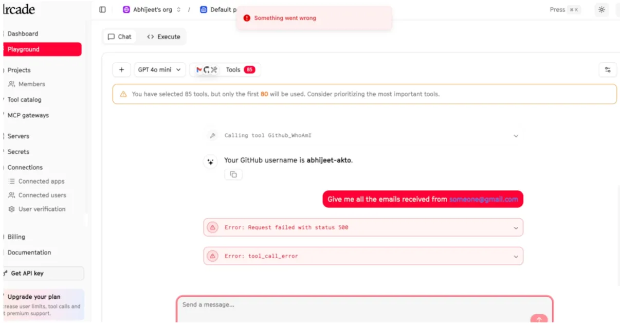 Akto blocking a prompt injection attempt inside an Arcade-powered agent workflow