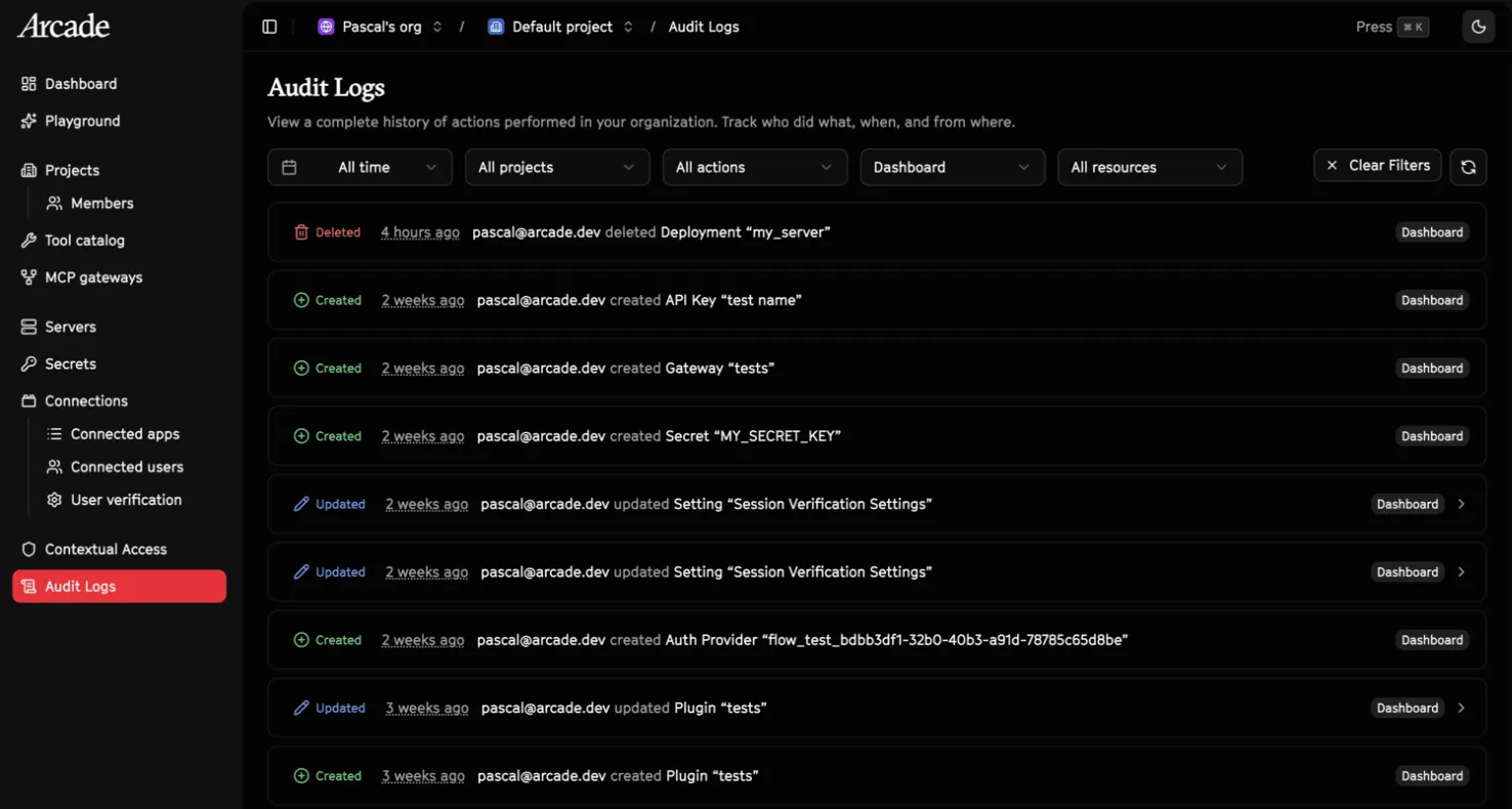 Arcade audit log dashboard showing a list of actions with timestamps, actors, and resource names