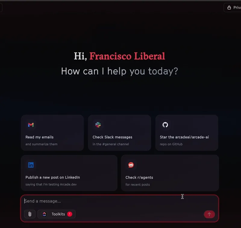 Animated demo of a ClickUp chat agent calling the WhoAmI tool to list assigned tasks
